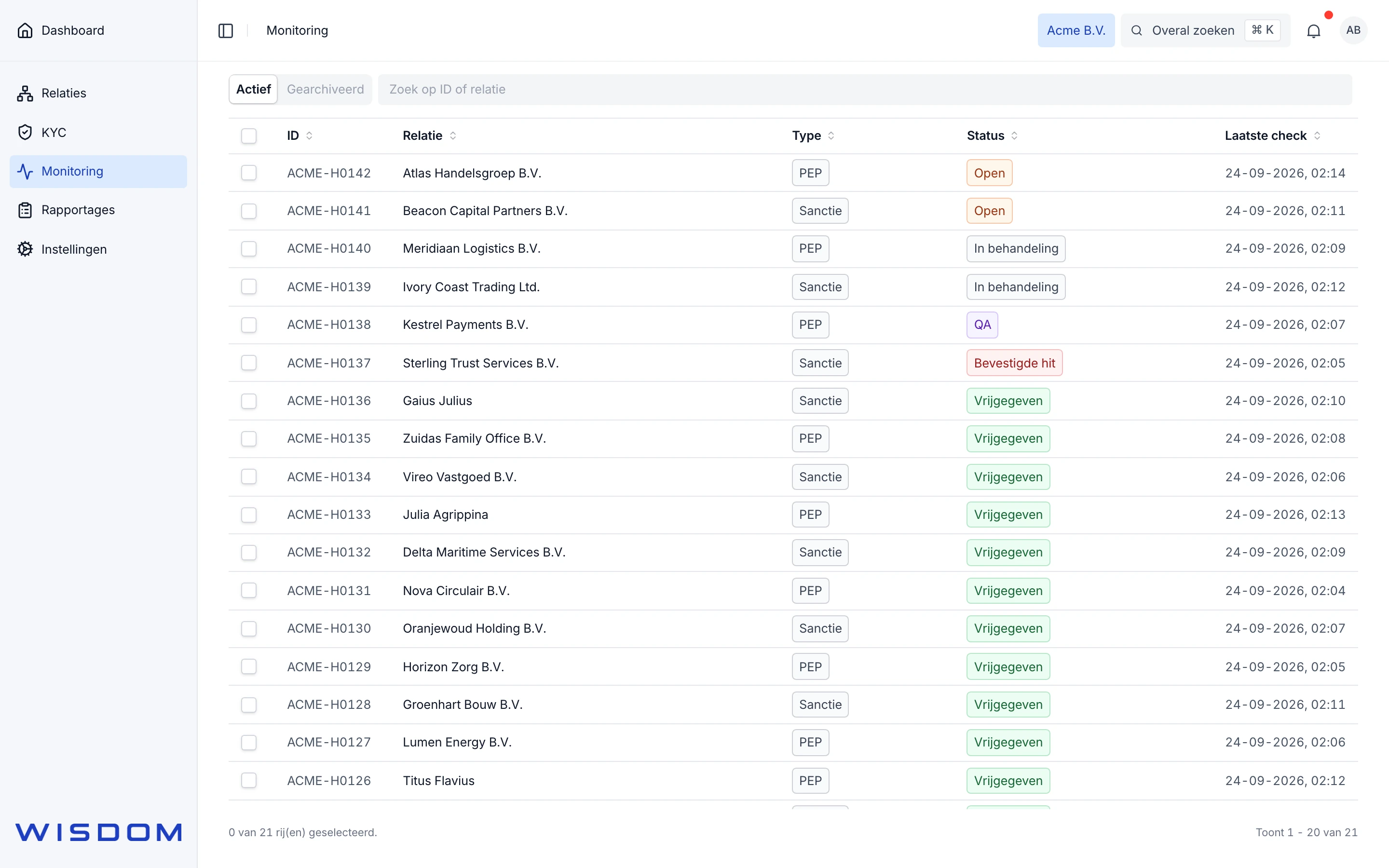 Wisdom: signals from the nightly check, with type, status and source